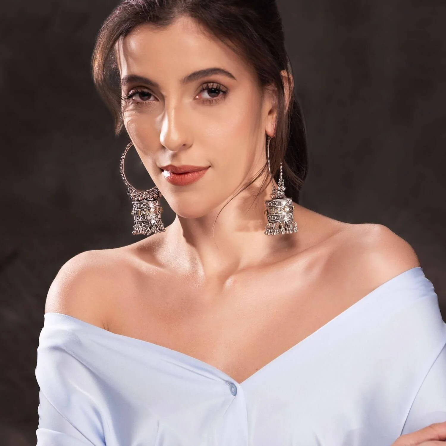 extra large jhumka kaumudi silver oxidised stone studded earrings ruhratna